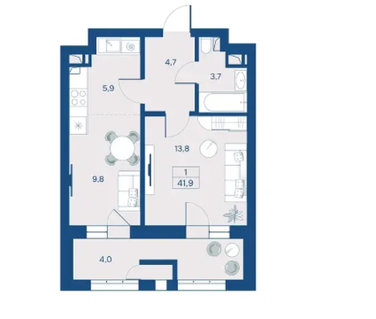 Планировка 1-комнатной квартиры 41,9 м²